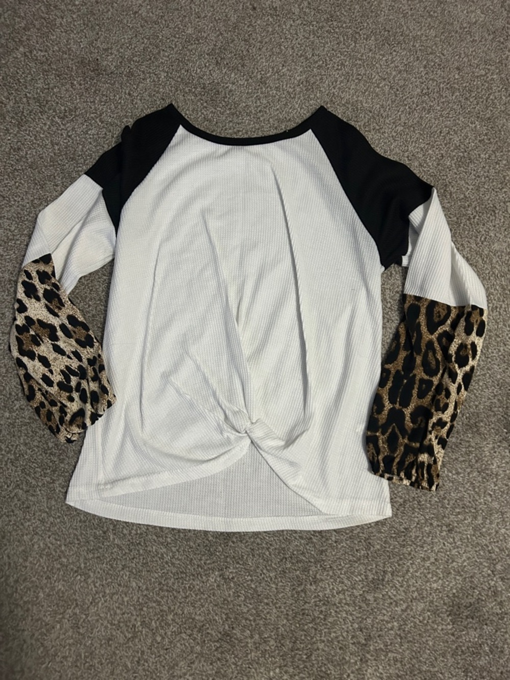 Long Sleeve White Knit Top with Black Shoulders and Leopard Sleeves